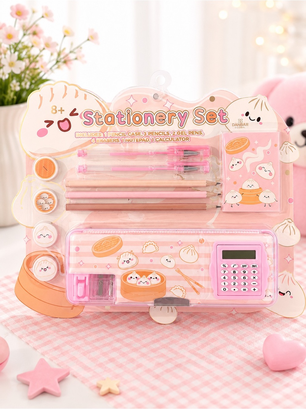 Kawaii Dumpling Stationery Set Calculator Pencil Case Pens Notepad Pink